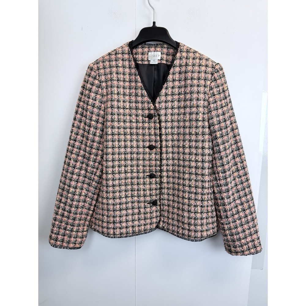 Vtg KORET Tweed Blazer Jacket Sz 16 Pink Plaid Preppy Acrylic Blend Long Sleeve